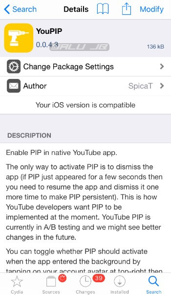 YouPIP Cydia tweak for iOS 11
