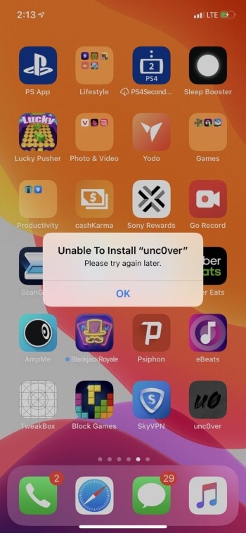 unable to install unc0ver 13.5